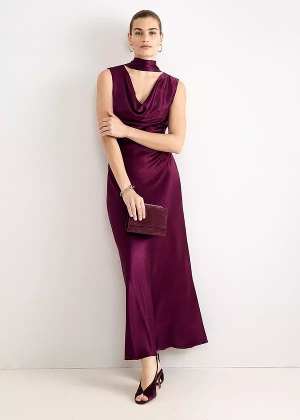 Deep Plum Satin Maxi Dress with Cowl Neck — Trendy Silk Dresses Outfit
