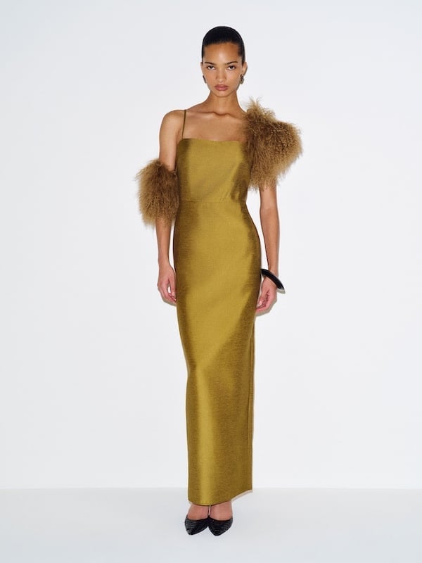 Gold Silk Dress with Fur Shoulder Details and Black Heels — Trendy Silk Dresses Outfit