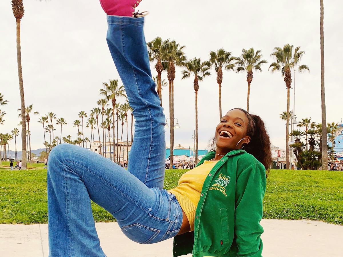 Yellow Knit Top with Green Corduroy Jacket and Pink Sneakers — Trendy Skater Outfits