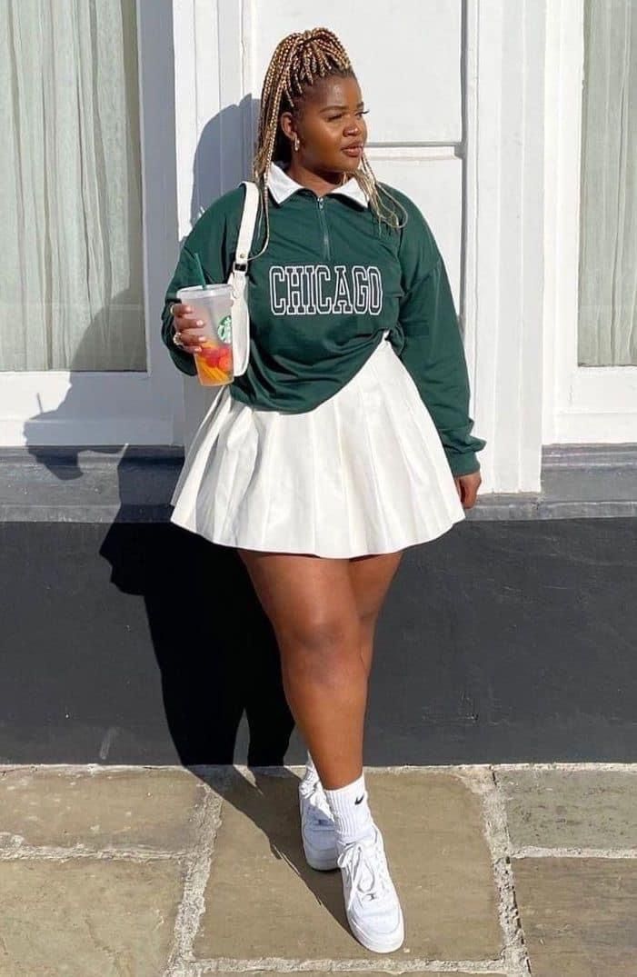 Green Quarter-Zip Sweatshirt with White Pleated Mini Skirt — Trendy Skater Outfits