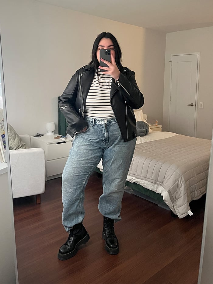 Striped T-Shirt, Leather Moto Jacket, and Combat Boots — Trendy Skater Outfits