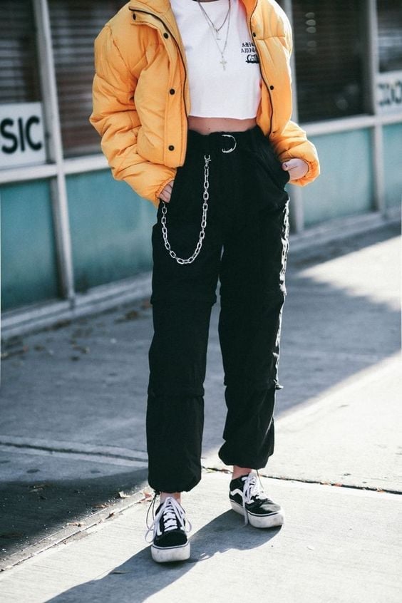 Yellow Puffer Jacket Over White Cropped T-Shirt and Cargo Pants — Trendy Skater Outfits