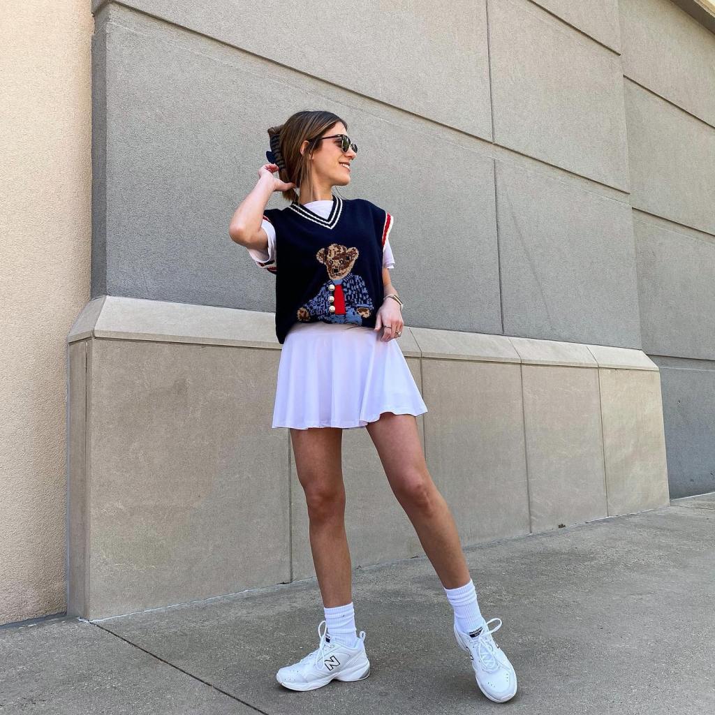 White T-Shirt, Navy Sweater Vest, and White Mini Skirt — Trendy Skater Outfits
