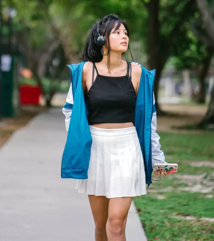 White Pleated Mini Skirt with Crop Top and Track Jacket — Trendy Skater Outfits