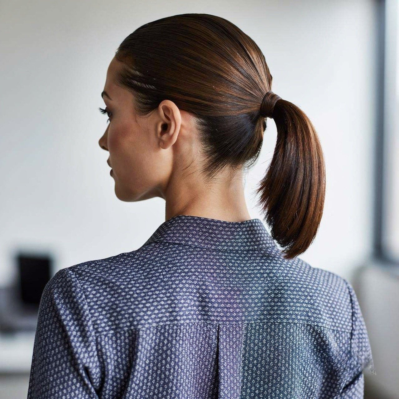 Fine Dark Brown Collarbone Sleek Ponytail — Trendy Sleek Ponytail