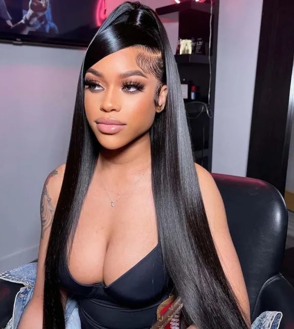 Long Black Sleek Ponytail With Side Bang — Trendy Sleek Ponytail