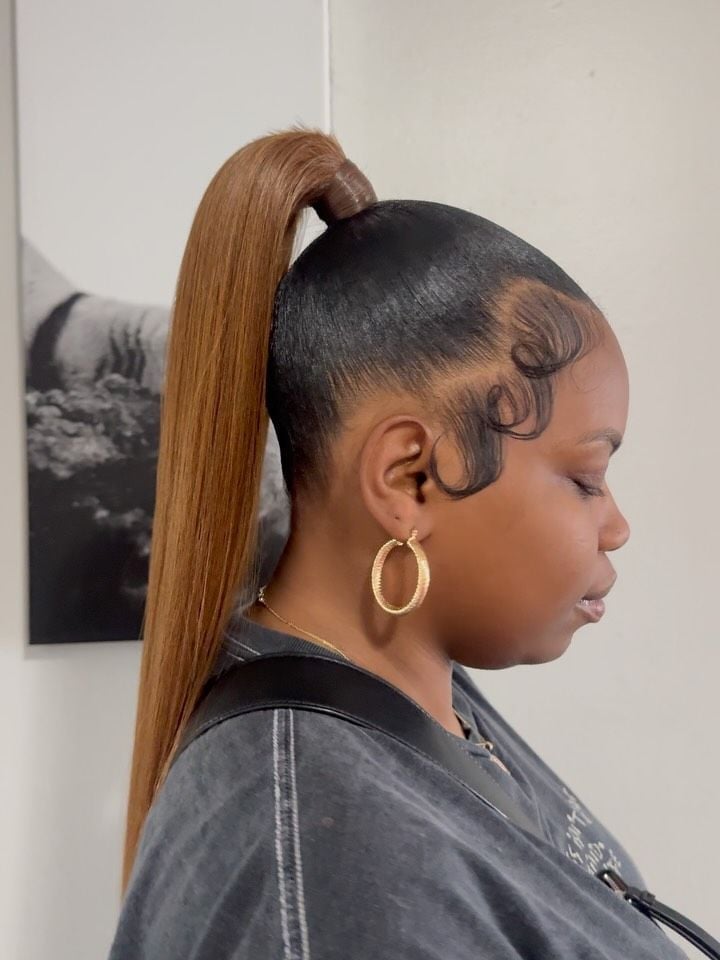 Dark Brown Ponytail With Caramel Highlights Baby Bangs — Trendy Sleek Ponytail