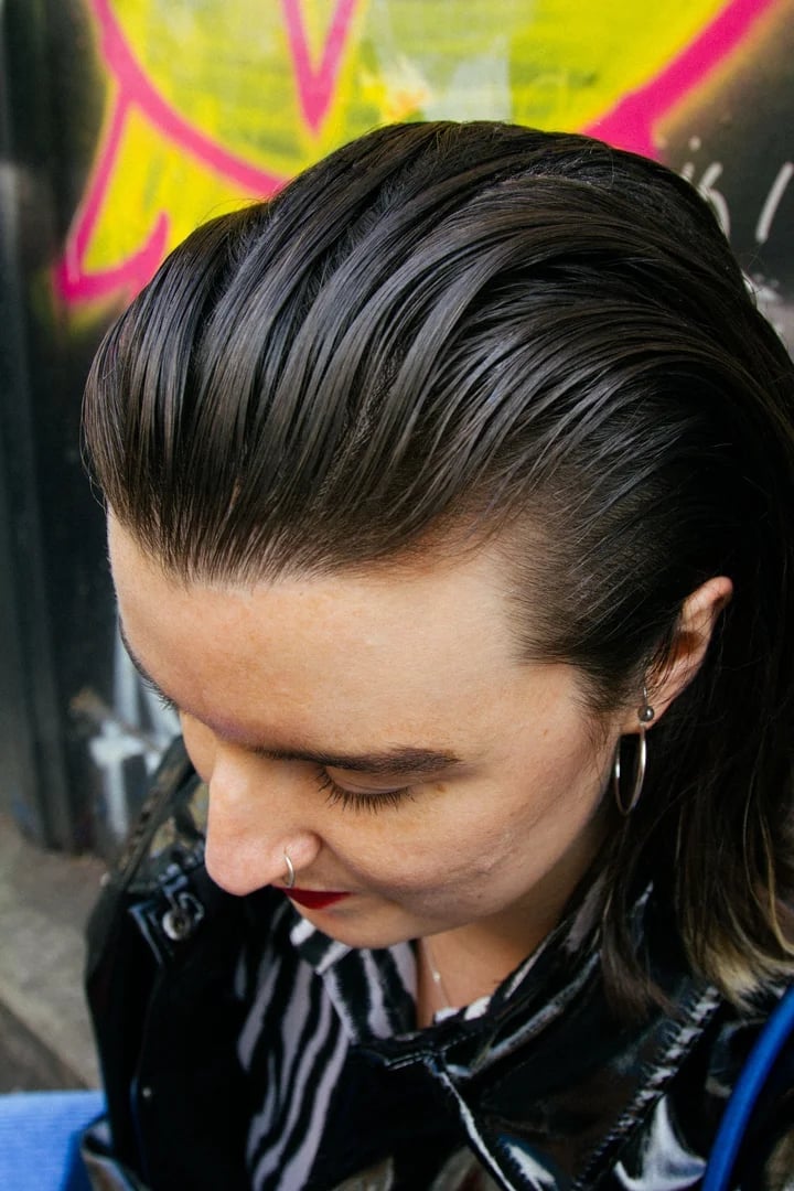 Fine Dark Brown Collarbone Wet Look, Straight — Trendy Slick Back Hairstyles