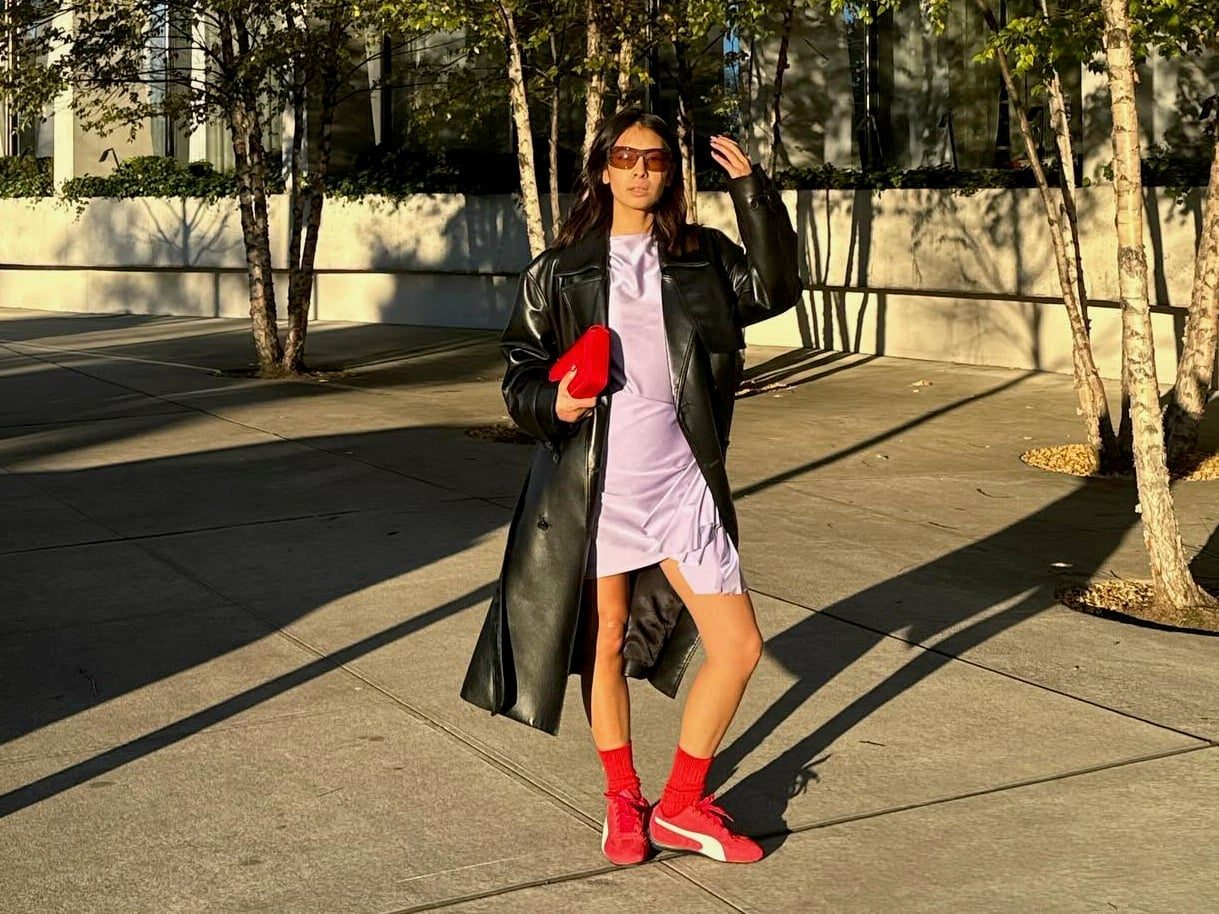 Red Socks and Sneakers Pop Against a Lilac Mini Dress — Trendy Socks Outfits