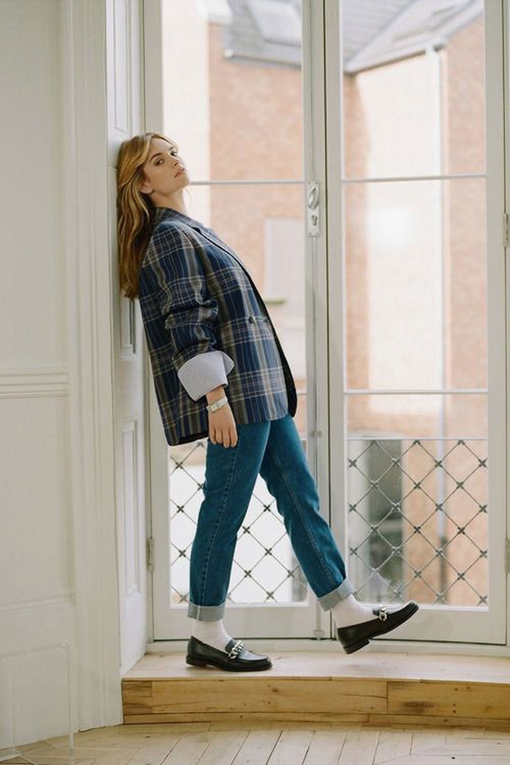 White Socks Peek from Loafers Under a Plaid Blazer — Trendy Socks Outfits