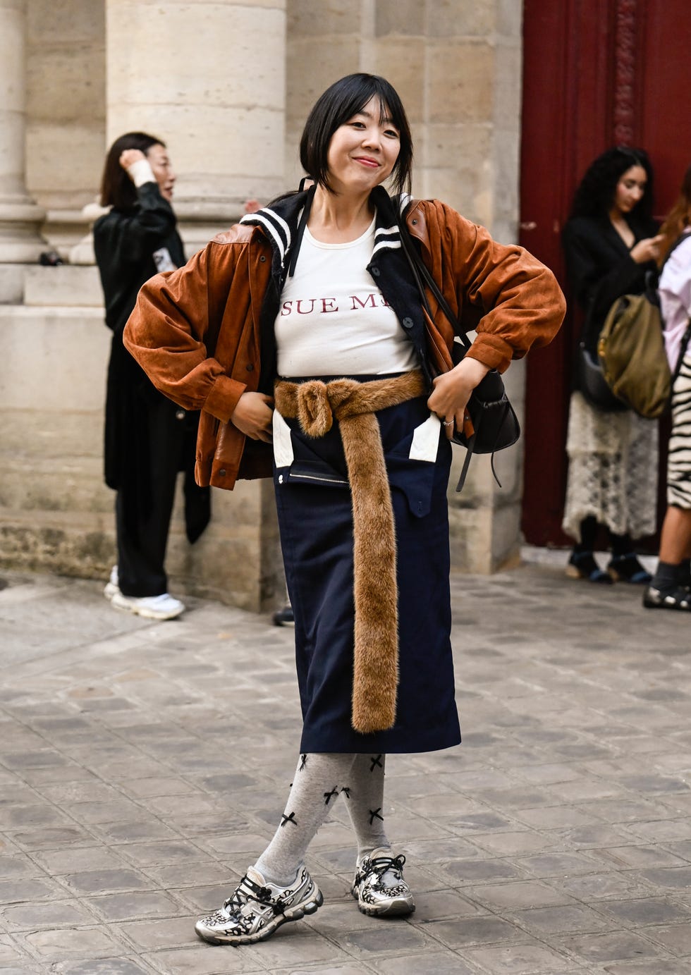 Grey Patterned Socks Add Interest to a Suede Jacket Look — Trendy Socks Outfits