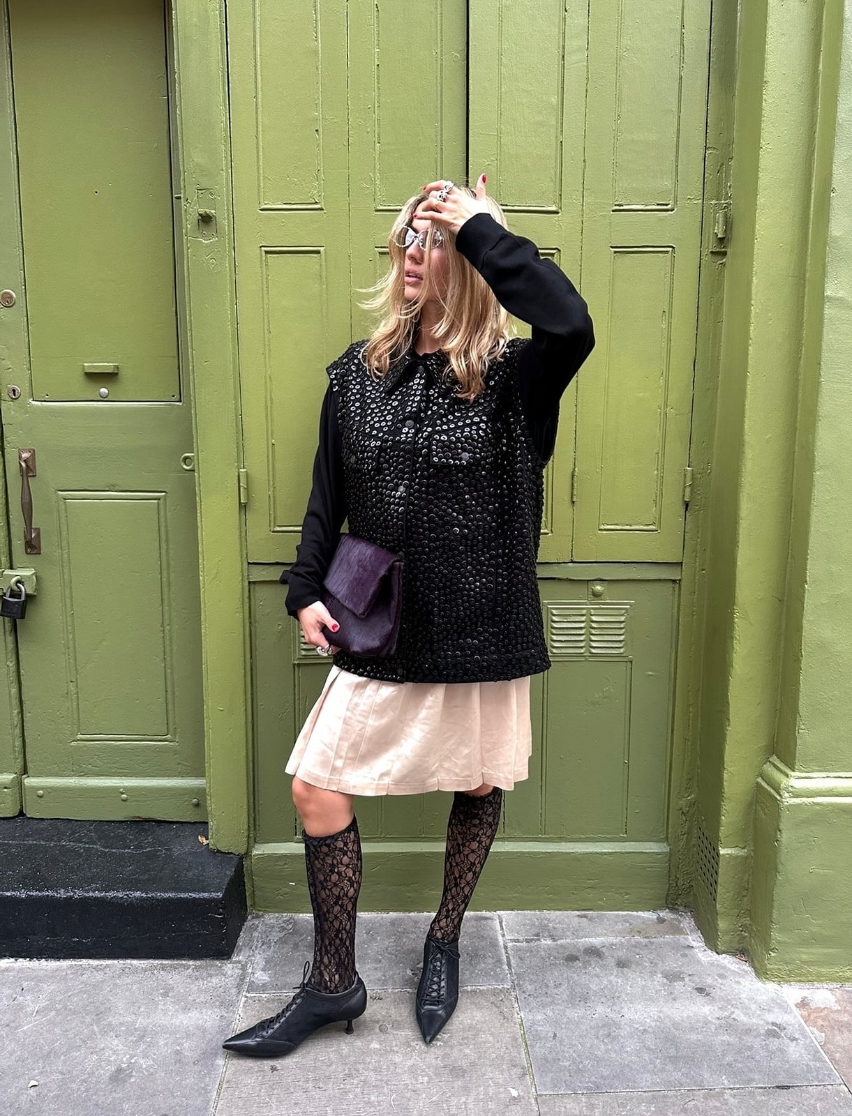 Black Lace Socks Add a Delicate Touch to a Pink Skirt — Trendy Socks Outfits