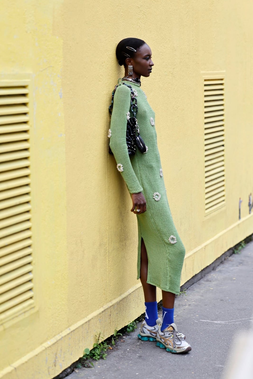Bright Blue Socks Energize a Green Knit Dress — Trendy Socks Outfits