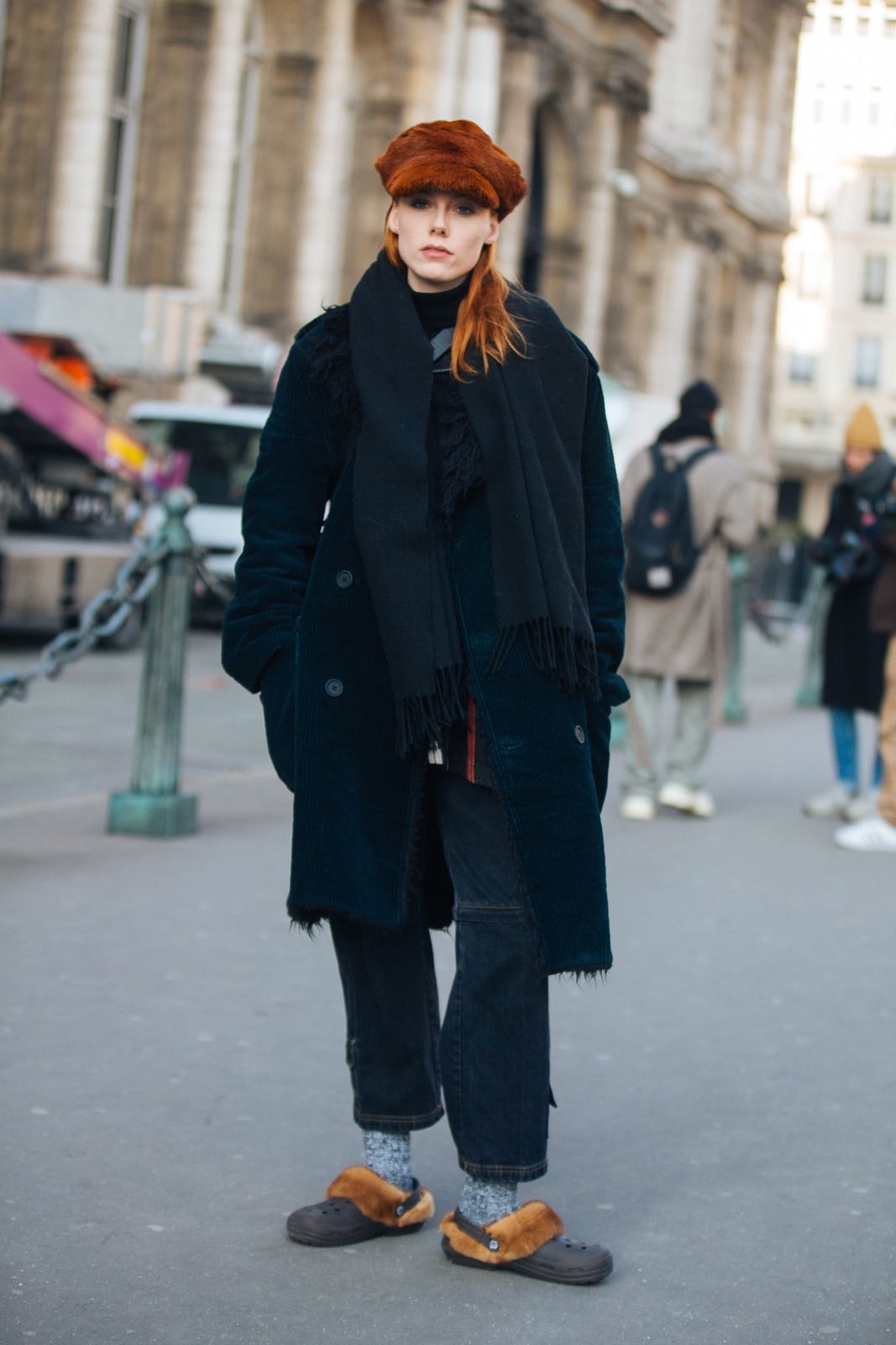 Grey Knit Socks Complement Corduroy and Fur Details — Trendy Socks Outfits