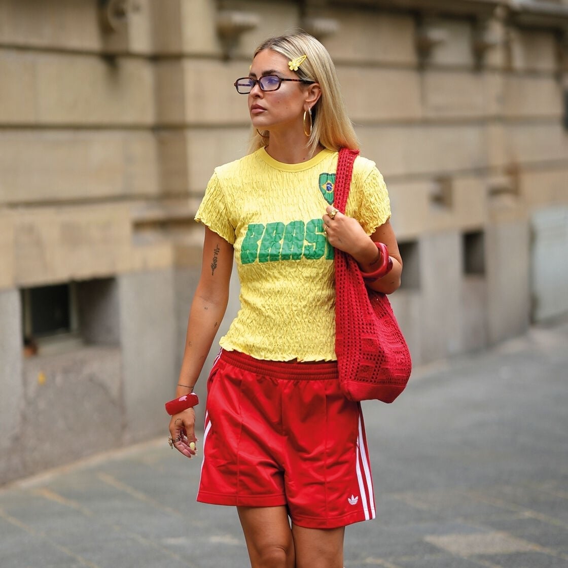 Textured T-shirt With Striped Shorts — Trendy Sporty Outfits