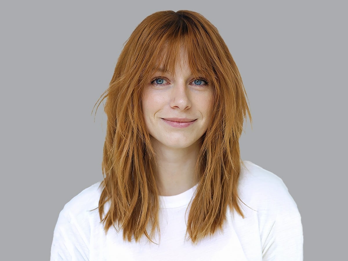 Collarbone Shag With Copper Curtain Bangs — Trendy Straight Hair