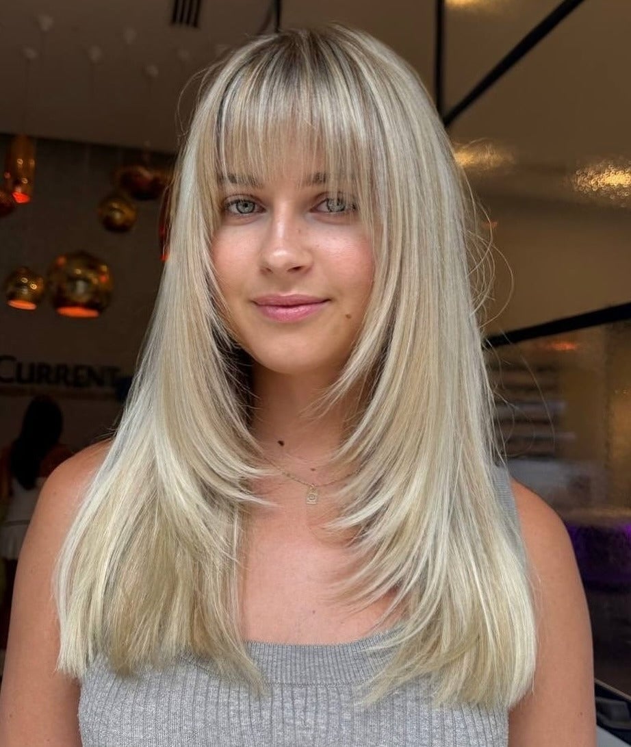 Mid-Back Layers With Blunt Bangs — Trendy Straight Hair