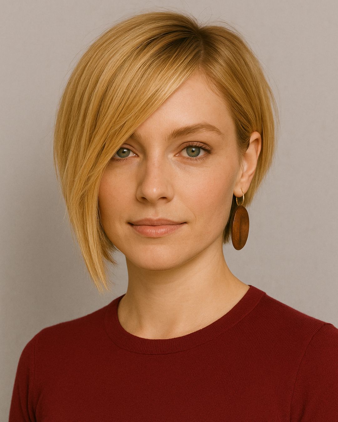 Ear Length Angled Bob With Side-Swept Bangs, Ash Blonde — Trendy Straight Hair