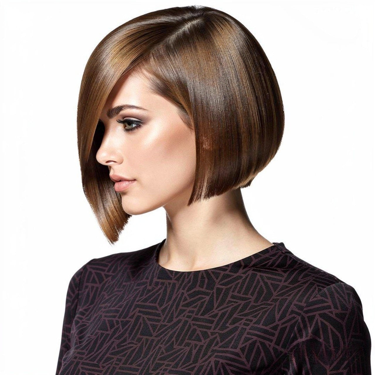 Chin Length Angled Bob With Side-Swept Bangs, Blowout — Trendy Straight Hair