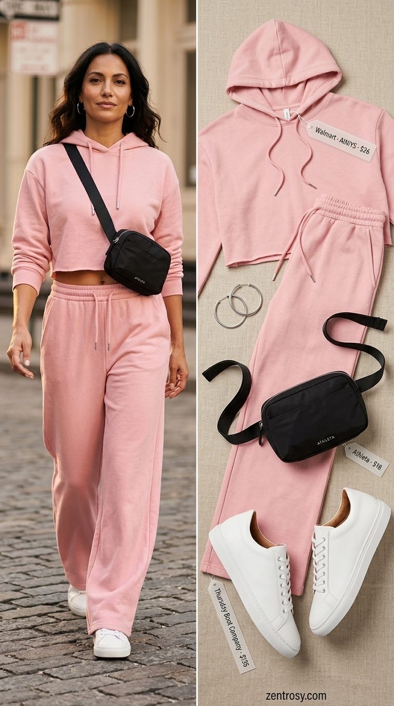 Trendy summer clothes for women 2026: Blush pink athleisure set, white sneakers, belt bag, and silver hoops for casual travel.