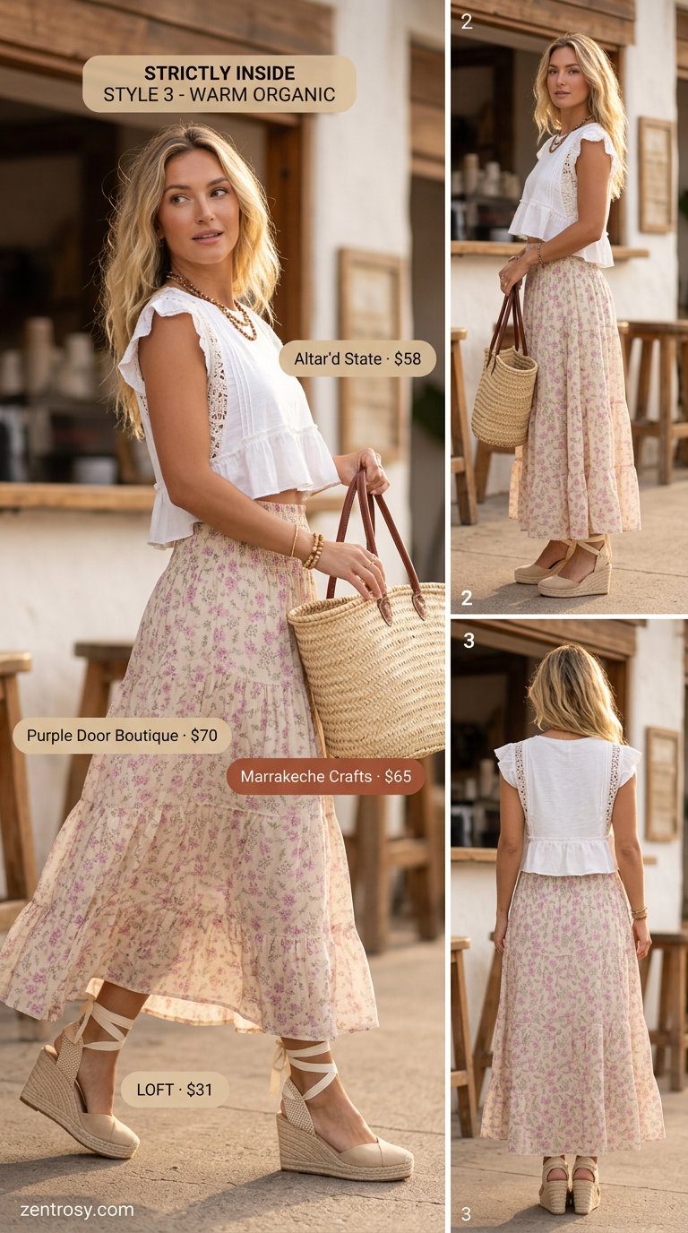 Trendy summer clothes for women 2026: Boho maxi skirt, crochet crop top, espadrilles, and straw tote for festivals.