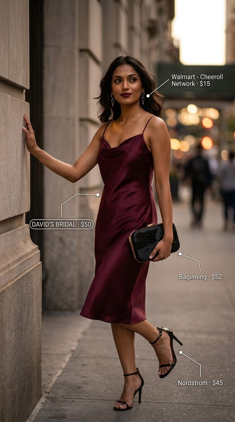 Glamorous slip dress: Trendy summer clothes for women 2026 in burgundy satin midi dress, black heels, and silver earrings.