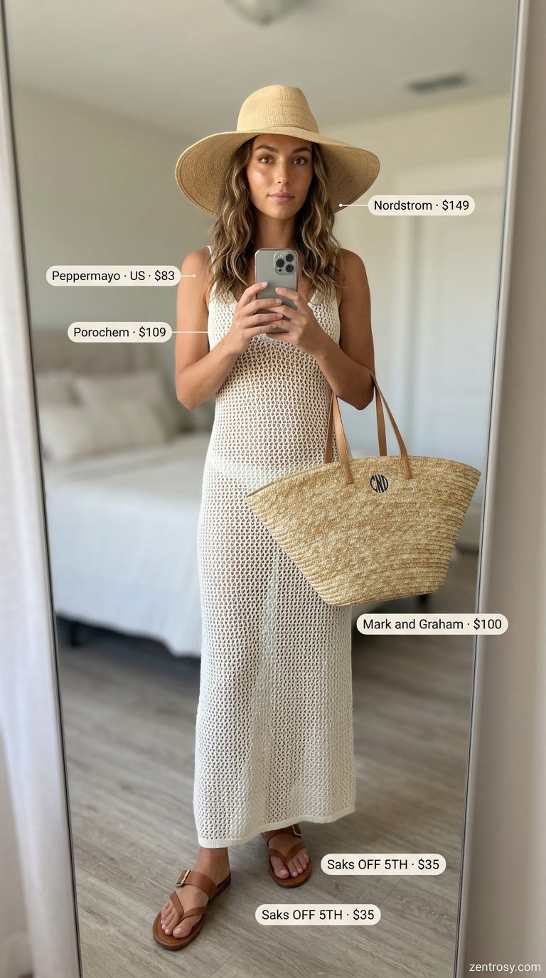 Trendy summer clothes for women 2026: Natural white crochet maxi dress, straw hat, tote bag, and leather slides for beach resort wear.
