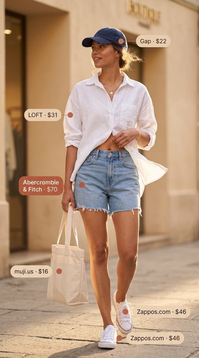 Denim shorts outfit: Trendy summer clothes for women 2026 featuring distressed denim shorts, white linen shirt, and canvas tote.