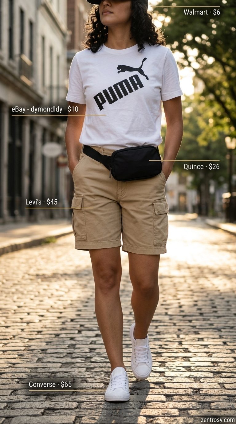 Cargo shorts outfit: Trendy summer clothes for women 2026 with khaki cargo shorts, graphic tee, sneakers, and belt bag.
