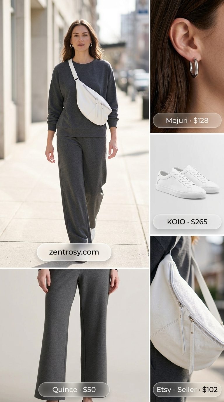 Trendy summer clothes for women 2026: Charcoal grey knit set, white sneakers, and leather crossbody bag for elevated athleisure.