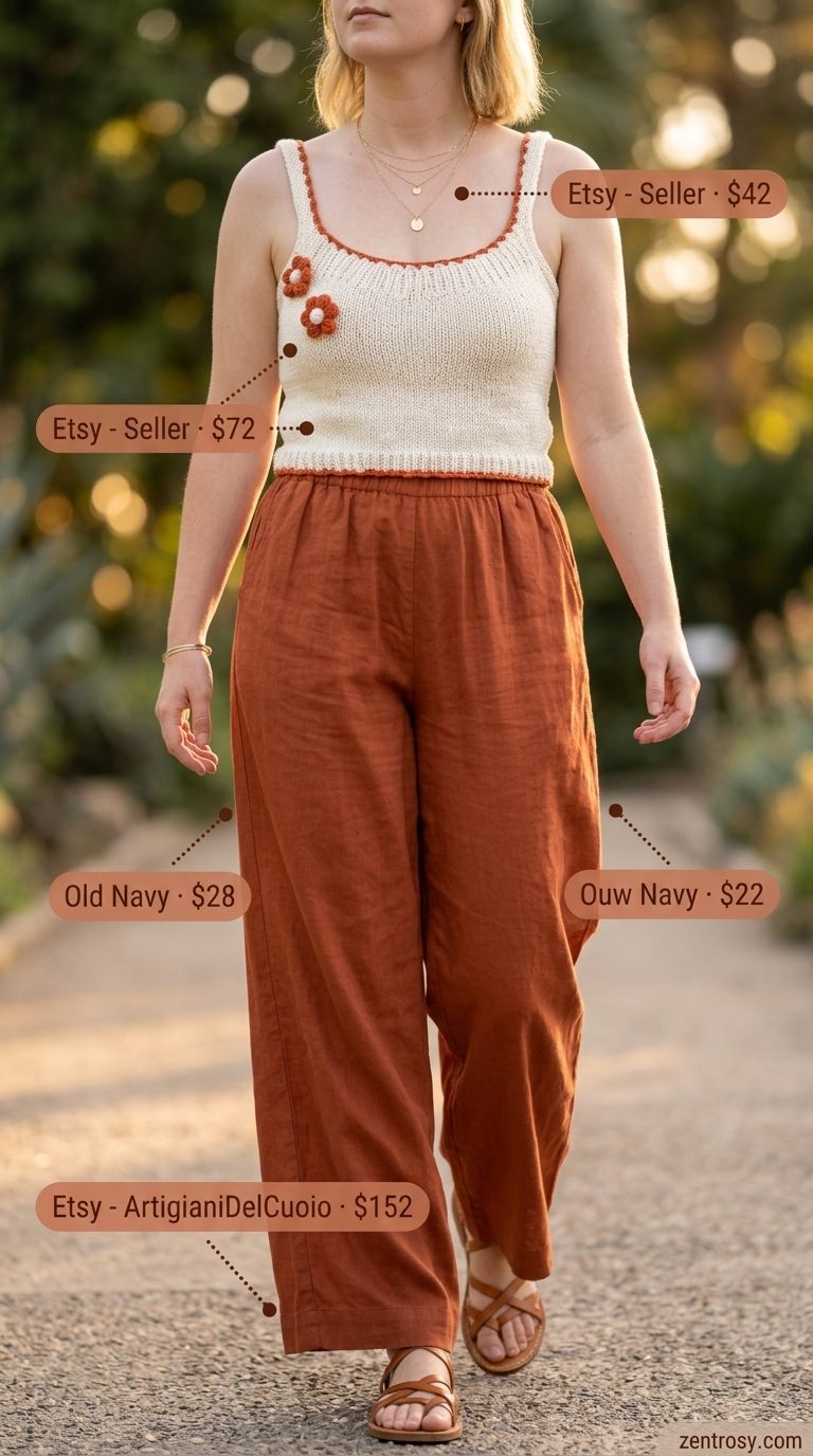 Trendy summer clothes for women 2026: Terracotta linen pants, crochet crop top, gold necklaces, and straw crossbody bag.
