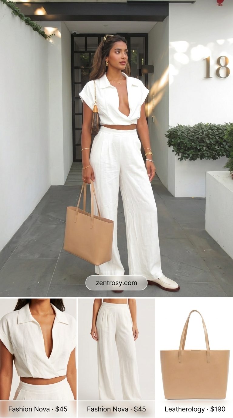 Trendy summer clothes for women 2026: Ivory linen set, leather loafers, structured tote, and gold bangle for minimalist chic.