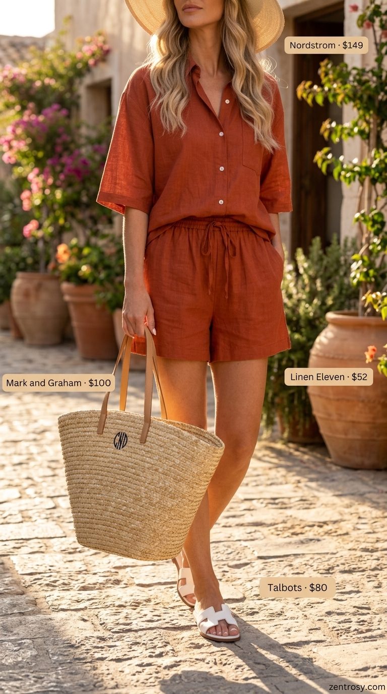 Trendy summer clothes for women 2026: Muted coral linen shorts set, straw hat, tote, and slides for vacation wear.