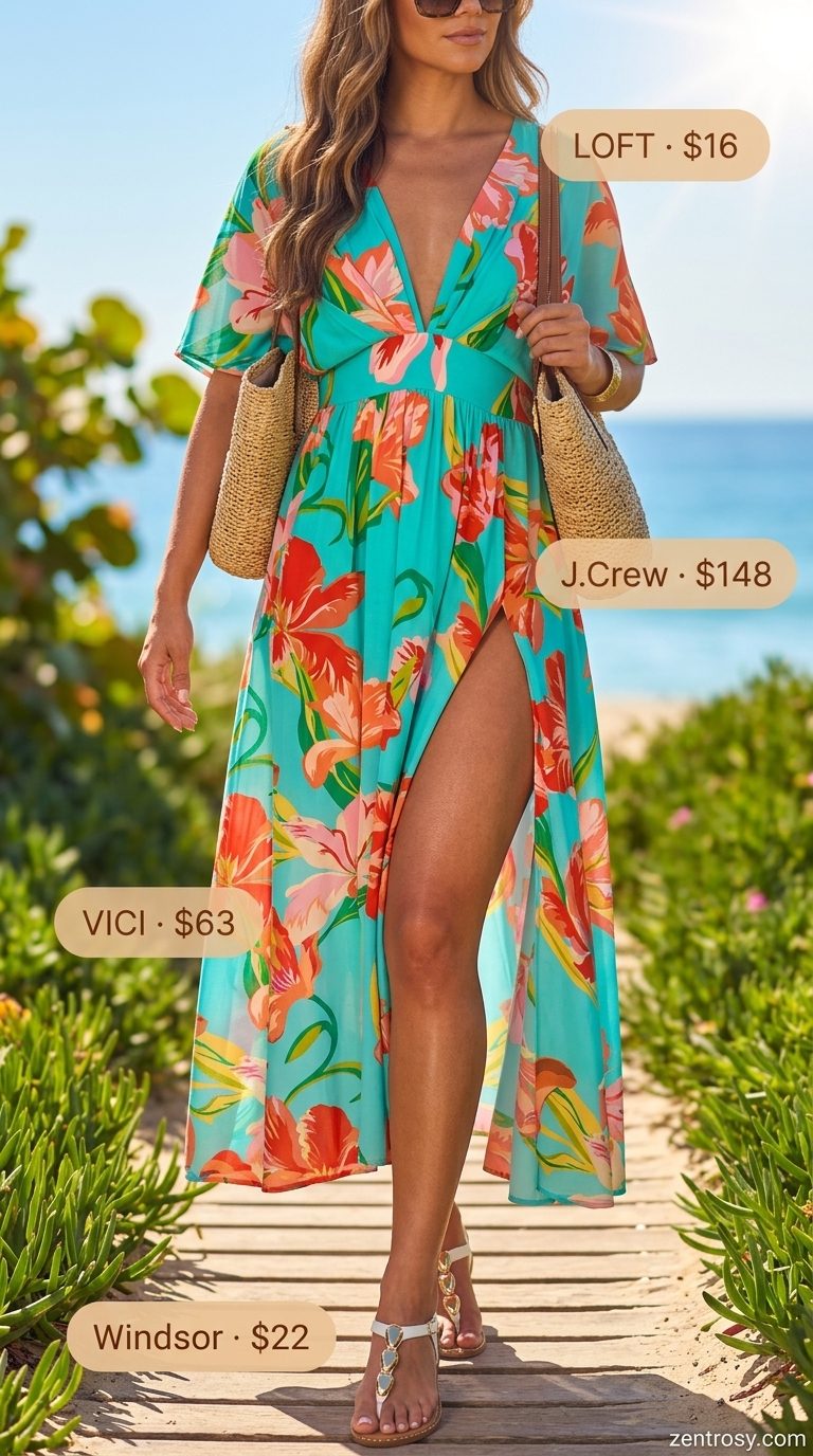 Trendy summer clothes for women 2026: Teal floral maxi caftan, embellished sandals, straw tote, and sunglasses for resort wear.