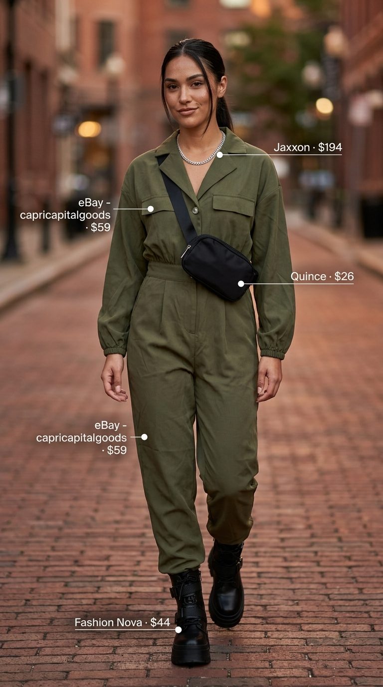 Utility jumpsuit: Trendy summer clothes for women 2026 in olive green utility jumpsuit, combat boots, and belt bag.