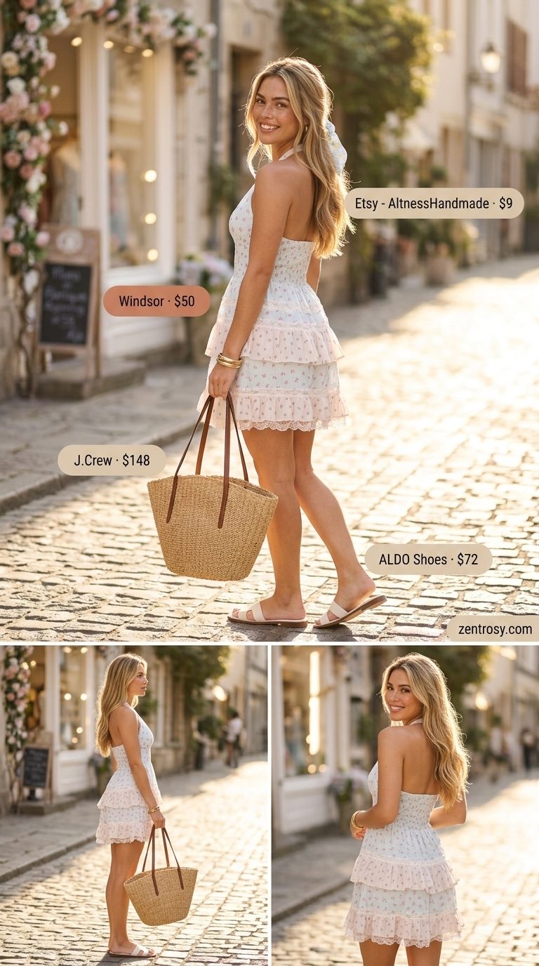 Sweet sundress: Trendy summer clothes for women 2026 with pastel blue floral mini dress, straw tote, and white slides.