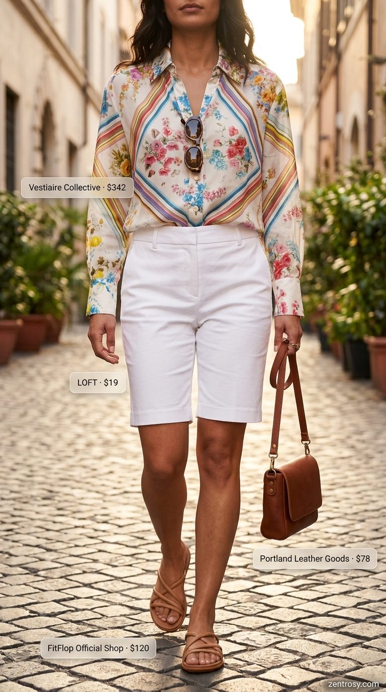 Trendy summer clothes for women 2026: Silk blouse, Bermuda shorts, slides, and crossbody bag for weekend exploration.