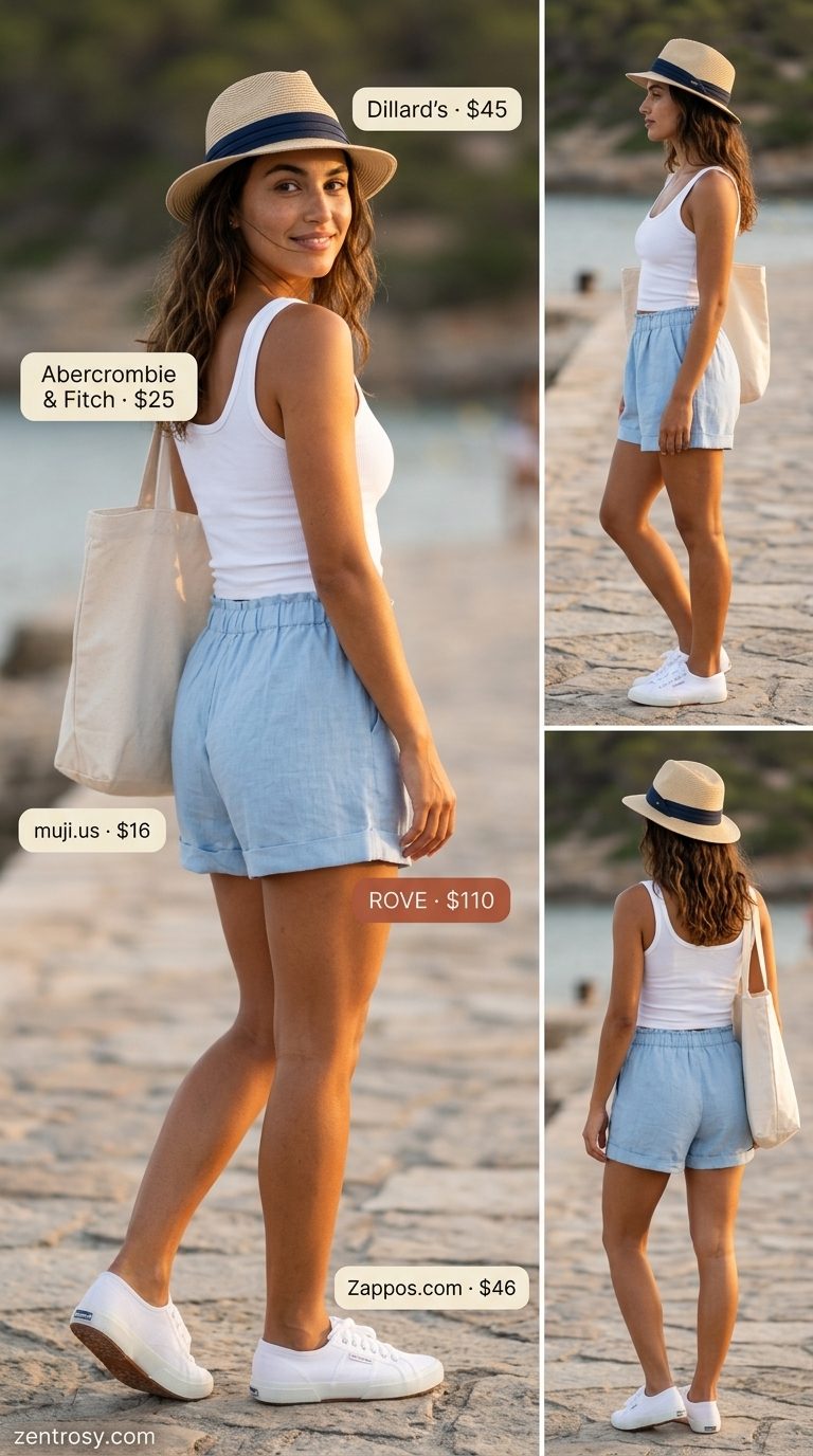Coastal linen set: Trendy summer clothes for women 2026 with sky blue linen shorts, white tank, straw hat, and tote.