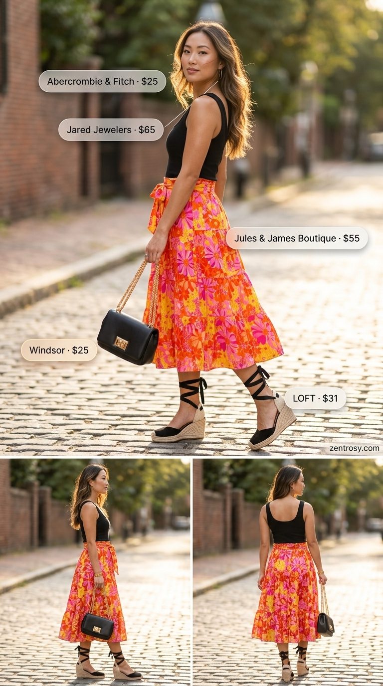 Midi skirt outfit: Trendy summer clothes for women 2026 with sunset print midi skirt, black tank, espadrilles, and crossbody.