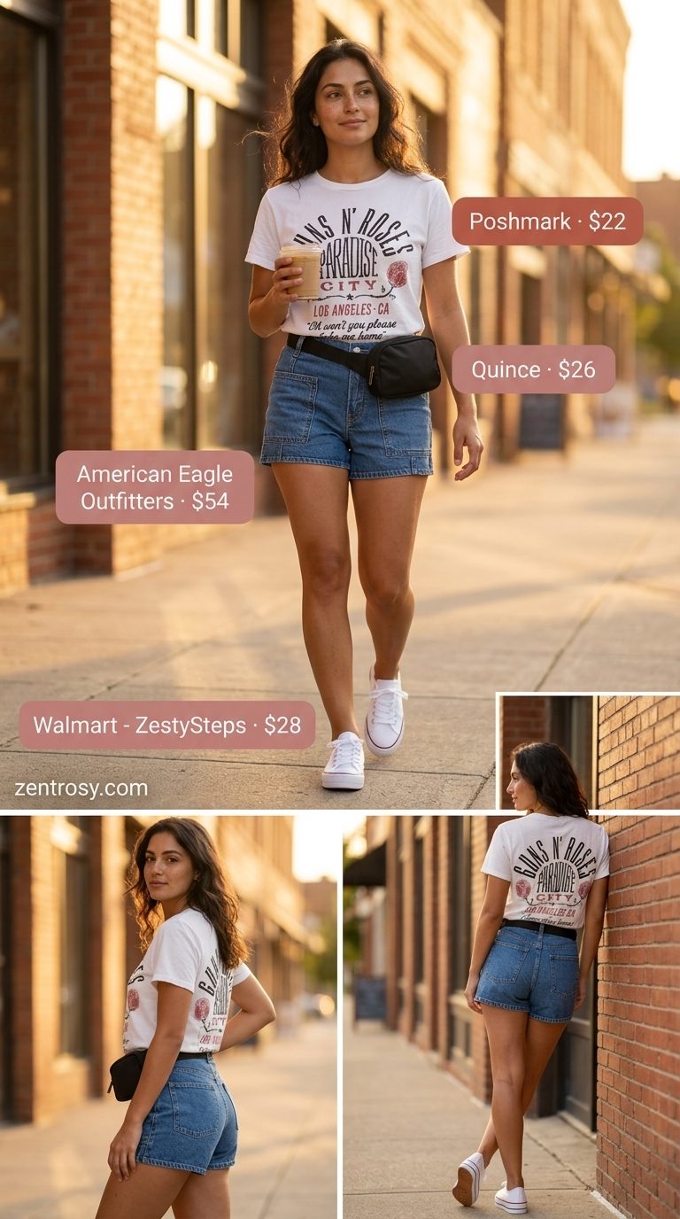 Trendy summer clothes for women 2026: Casual denim shorts, graphic tee, baseball cap, and crossbody bag for weekend errands.