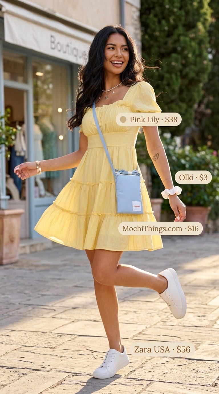 Sunny yellow dress: Trendy summer clothes for women 2026 in yellow babydoll mini dress, white sneakers, and light blue bag.