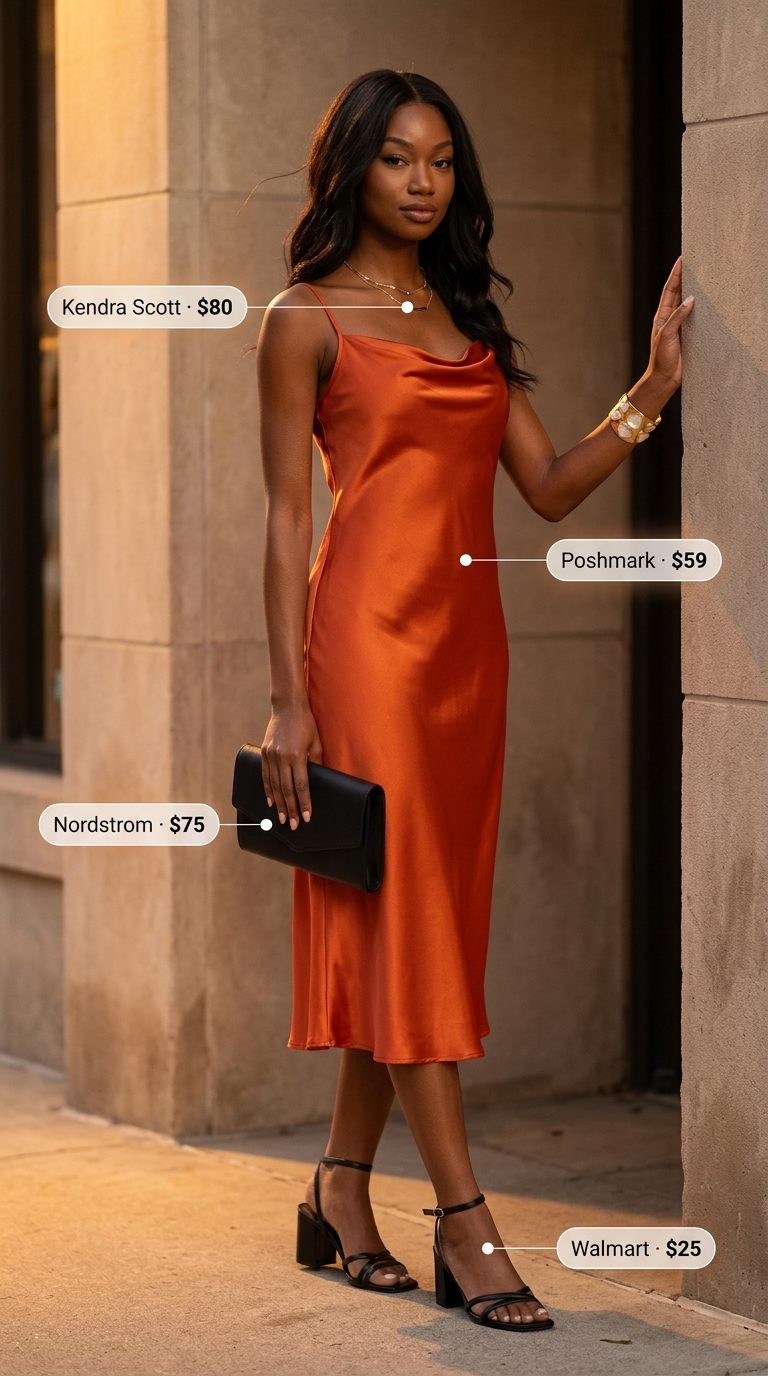 Glamorous coral slip dress with black heels & gold cuff. Trendy summer clothes for women 2026.