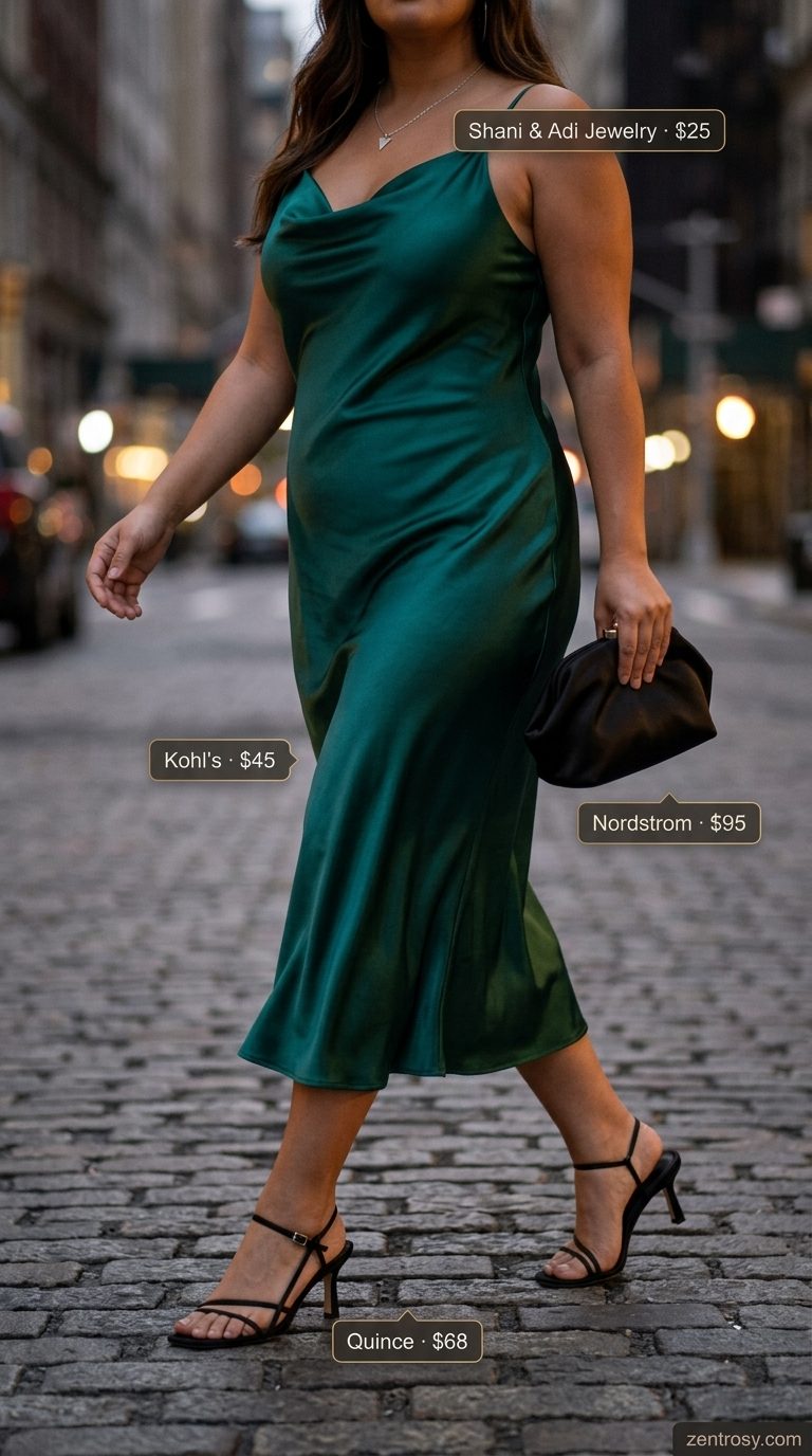 Elegant emerald green slip dress with black heels & clutch for date night. Trendy summer clothes for women 2026.