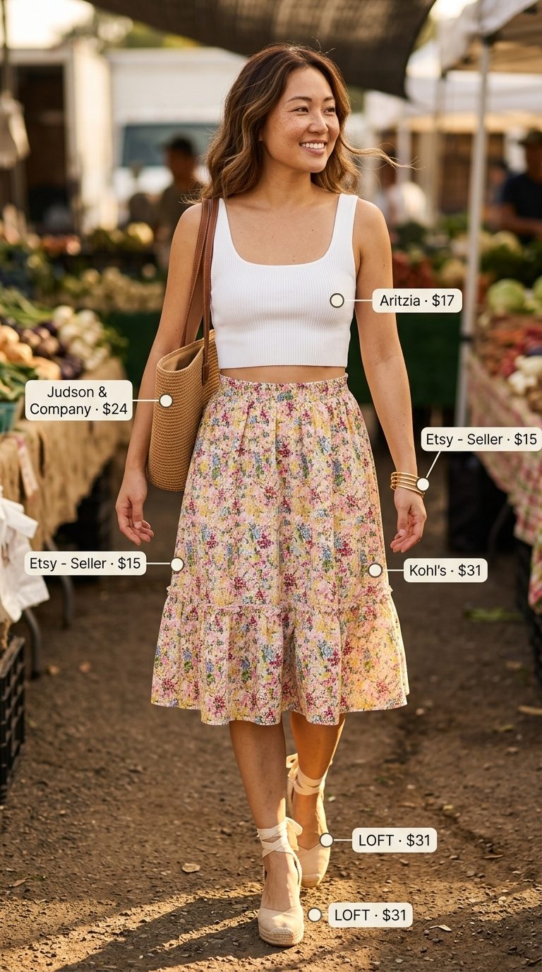 Bohemian floral midi skirt outfit with white crop top & espadrilles. Trendy summer clothes for women 2026.