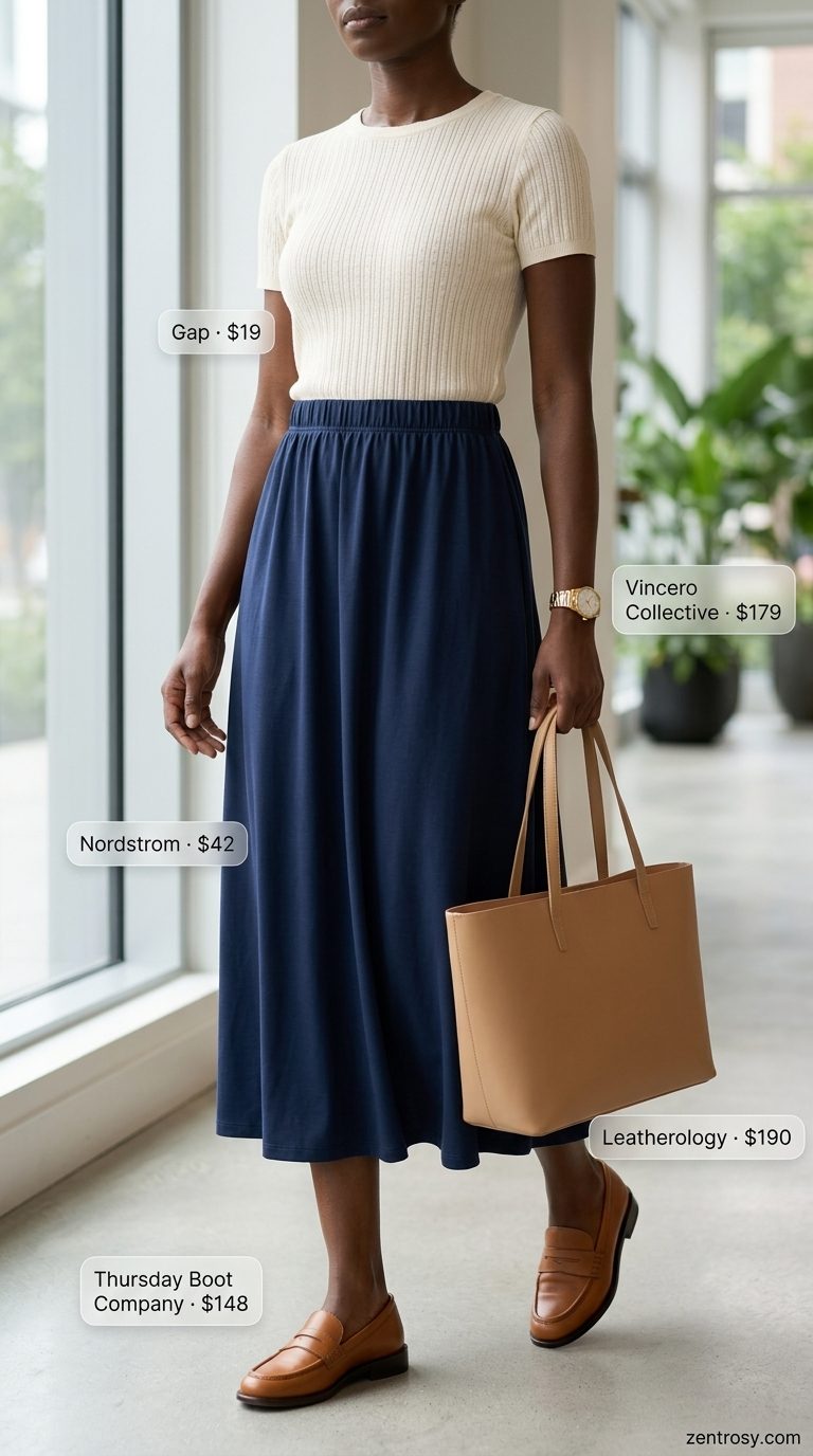 Chic navy midi skirt outfit with cream knit top, tan loafers & tote. Trendy summer clothes for women 2026.