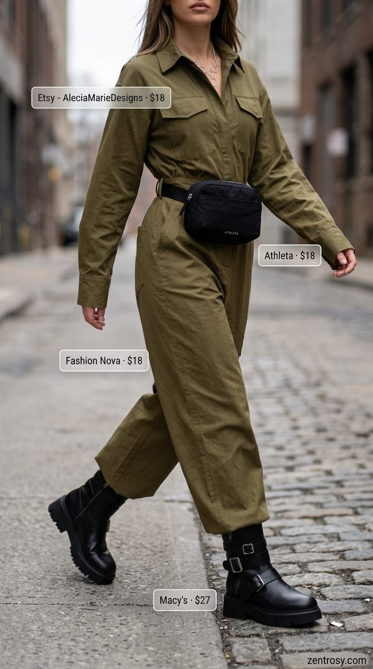 Utilitarian olive green jumpsuit with black boots & belt bag. Trendy summer clothes for women 2026.