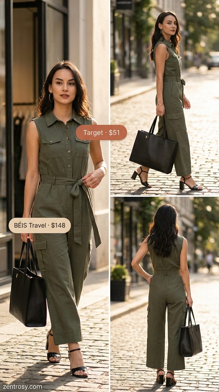 Chic olive green utility jumpsuit with black mules & tote bag. Trendy summer clothes for women 2026.