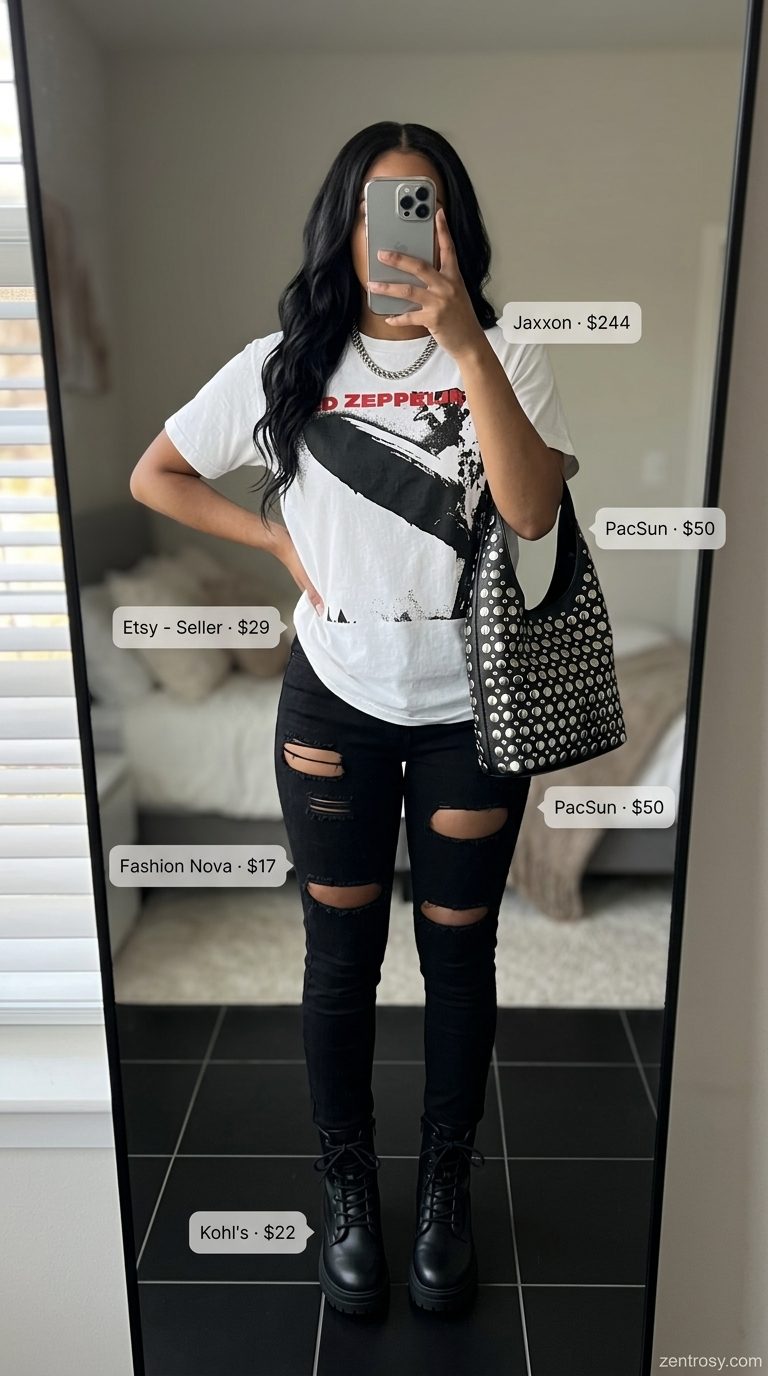 Edgy black ripped jeans outfit with graphic tee, combat boots & crossbody. Trendy summer clothes for women 2026.