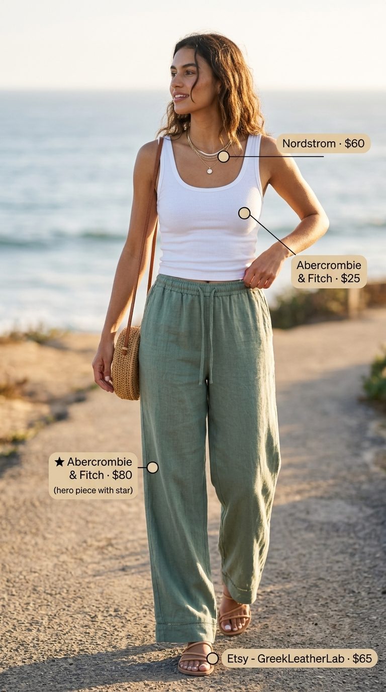 Relaxed sage green linen pants with cream tank, sandals & straw bag. Trendy summer clothes for women 2026.