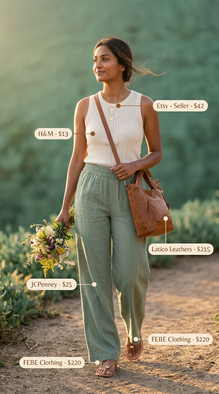 Relaxed sage green linen pants outfit with cream tank & tan sandals. Trendy summer clothes for women 2026.